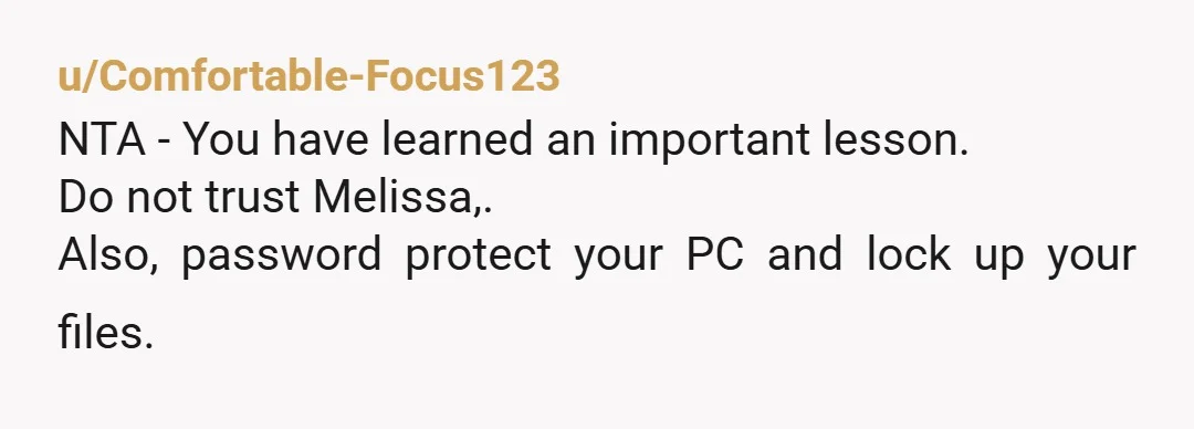 u/Comfortable-Focus123
NTA - You have learned an important lesson.
Do not trust Melissa,.
Also, password protect your PC and lock up your files.