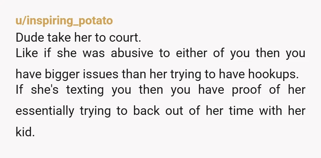 u/TacoDoc2 the court system kinda sucks for parents rights. but all you can do here is document document documents. every time she's late. every time she says she's doing x...