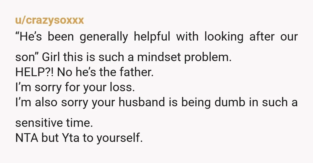 u/crazysoxxx “He’s been generally helpful with looking after our son” Girl this is such a mindset problem. HELP?! No he’s the father. I’m sorry for your loss. I’m also sorry...