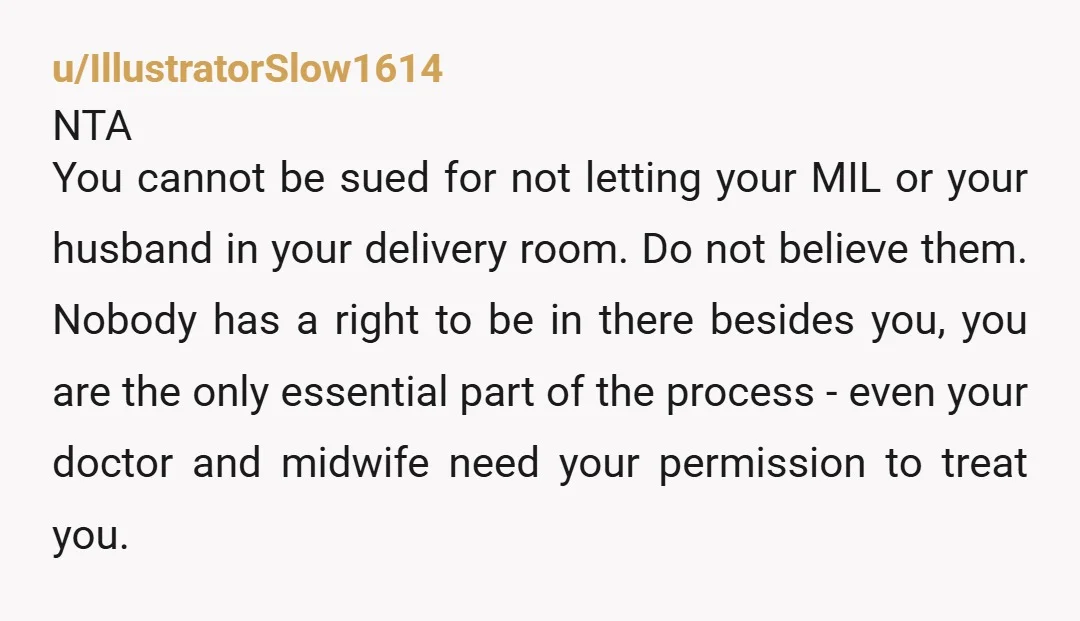 u/IllustratorSlow1614 NTA You cannot be sued for not letting your MIL or your husband in your delivery room. Do not believe them. Nobody has a right to be in there...