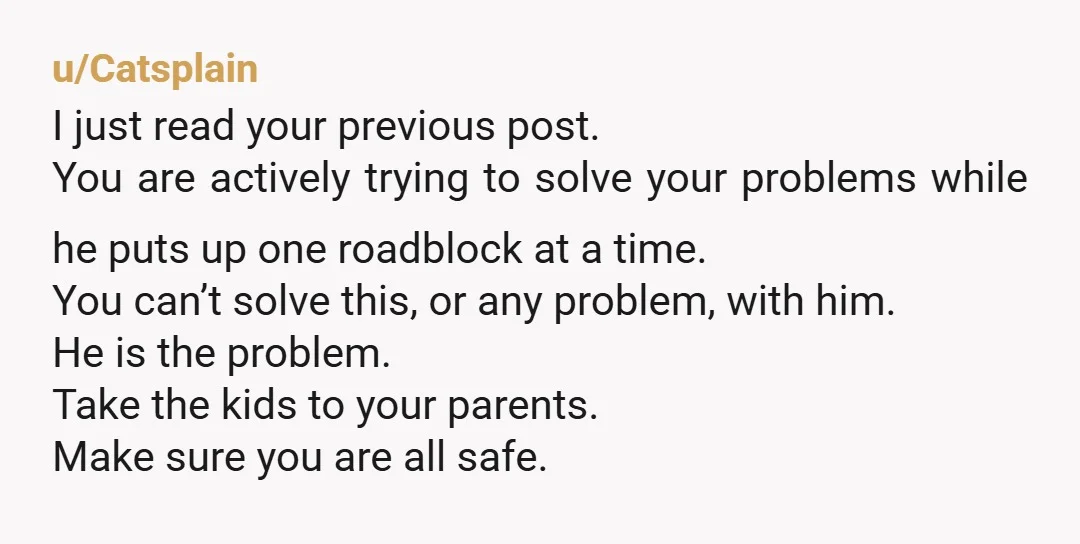 u/nonniewobbles https://www.thehotline.org/ Your husband is your abuser, and he doesn't want you to have childcare because he wants you to feel bogged down, swamped, and trapped. This is not going...