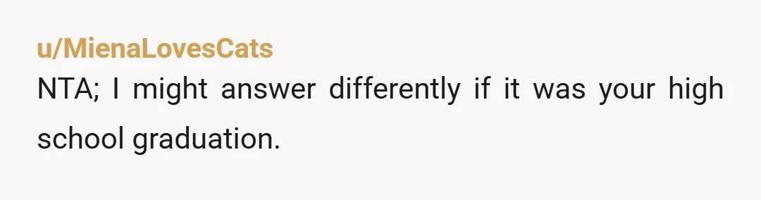 u/MienaLovesCats
NTA; I might answer differently if it was your high school graduation.