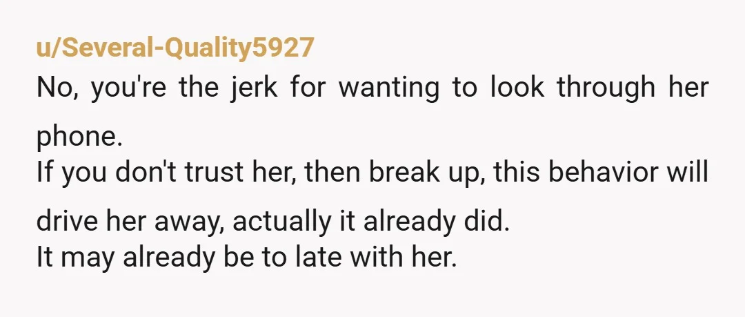 u/Several-Quality5927 No, you're the jerk for wanting to look through her phone. If you don't trust her, then break up, this behavior will drive her away, actually it already did....