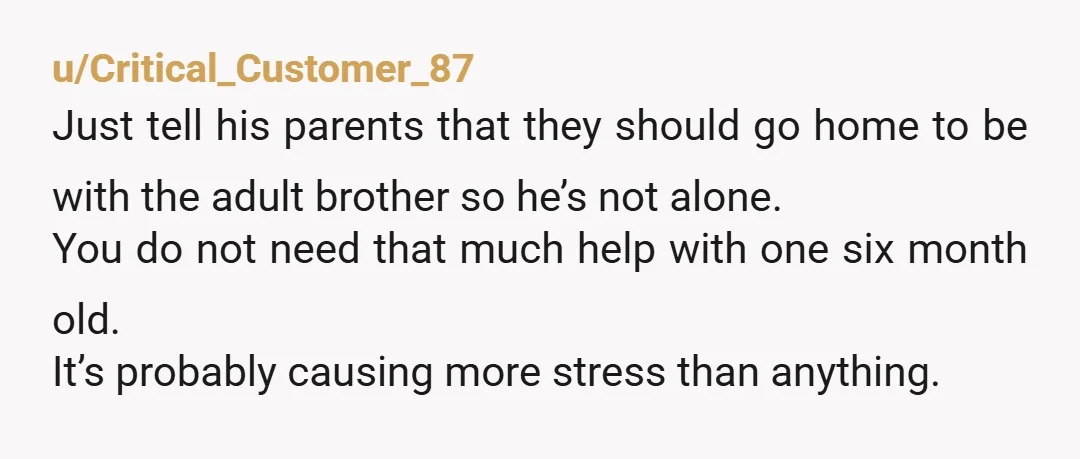 u/Critical_Customer_87 Just tell his parents that they should go home to be with the adult brother so he’s not alone. You do not need that much help with one six...