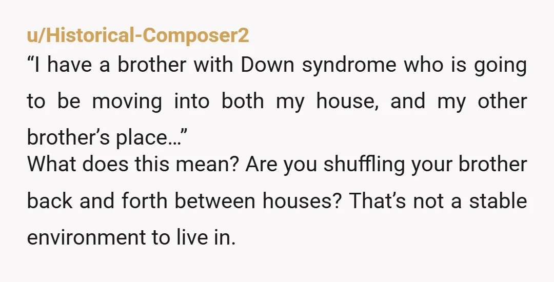 u/Historical-Composer2 “I have a brother with Down syndrome who is going to be moving into both my house, and my other brother’s place…” What does this mean? Are you shuffling...