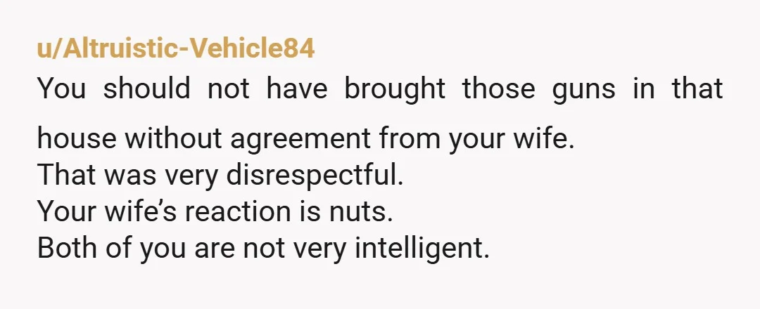 u/HorseAndHound25 She so very clearly feels fearful of your guns, and quite possibly you with the guns. If this is completely out of character and she flipped her lid like...