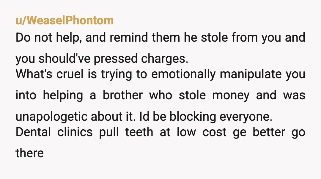 u/WeaselPhontom Do not help, and remind them he stole from you and you should've pressed charges. What's cruel is trying to emotionally manipulate you into helping a brother who stole...