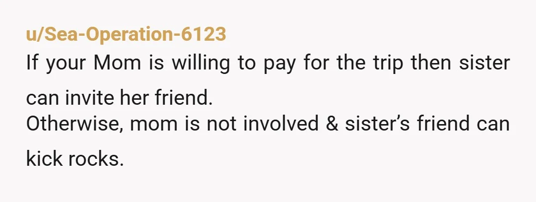 u/Sea-Operation-6123
If your Mom is willing to pay for the trip then sister can invite her friend.
Otherwise, mom is not involved & sister’s friend can kick rocks.