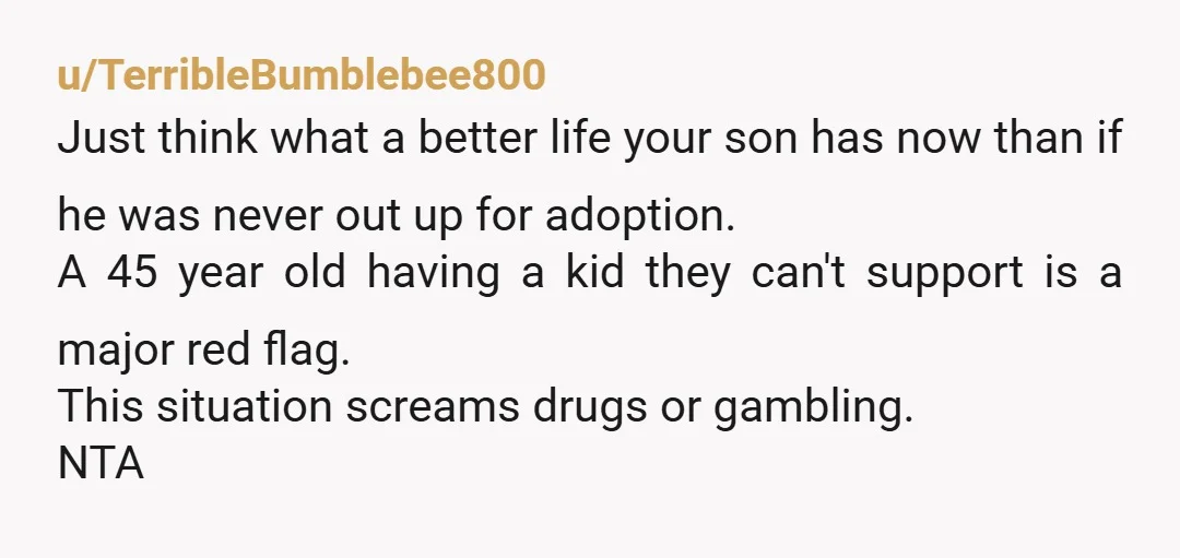 u/TerribleBumblebee800 Just think what a better life your son has now than if he was never out up for adoption. A 45 year old having a kid they can't support...