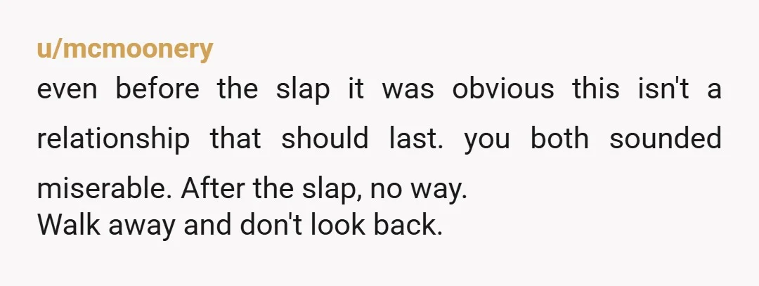 u/mcmoonery
even before the slap it was obvious this isn't a relationship that should last. you both sounded miserable. After the slap, no way.
Walk away and don't look back.