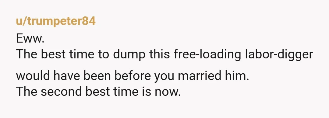 u/trumpeter84
Eww.
The best time to dump this free-loading labor-digger would have been before you married him.
The second best time is now.