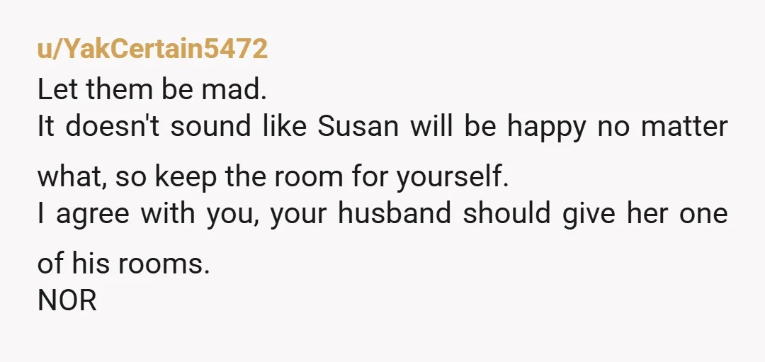 u/m00n_p1l0t
NORE. Both Susan and your husband can have a fun time renovating a room for her with their money and sweat.