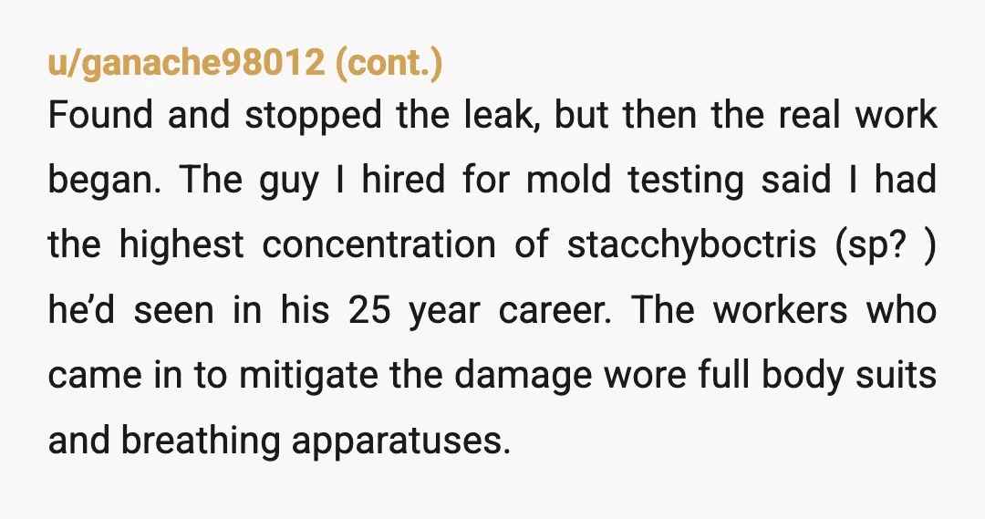 u/myghastedflabbers
NTA. Black mould is no joke. That's not even mentioning the state of the rest of the house.