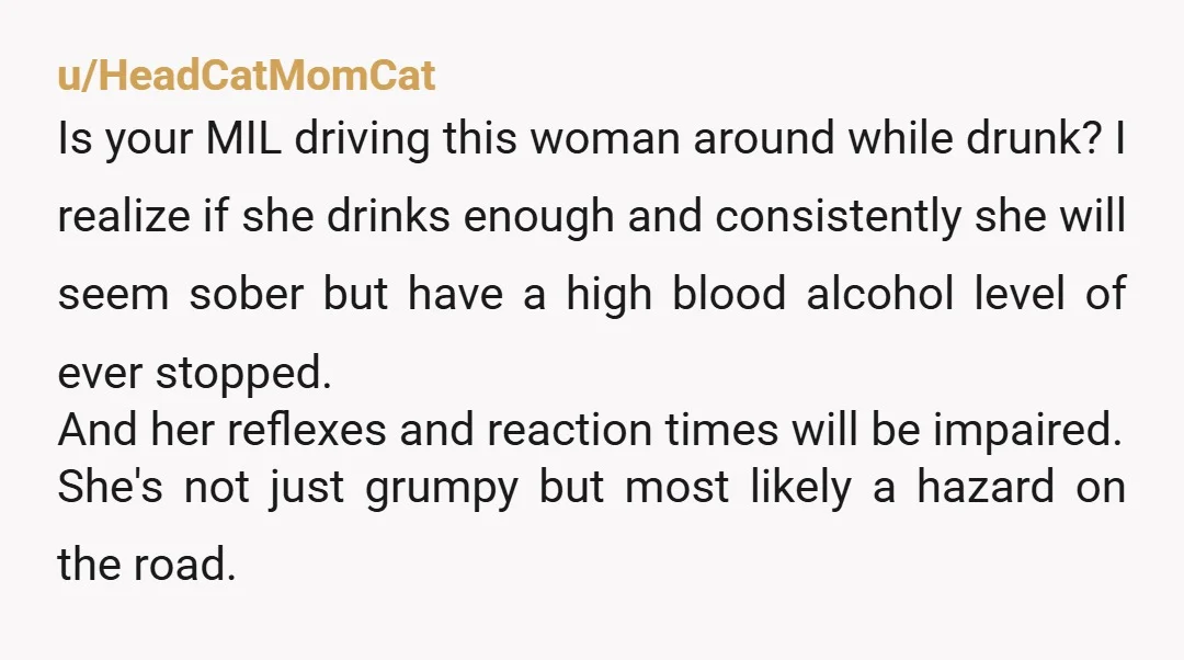 u/HeadCatMomCat Is your MIL driving this woman around while drunk? I realize if she drinks enough and consistently she will seem sober but have a high blood alcohol level of...