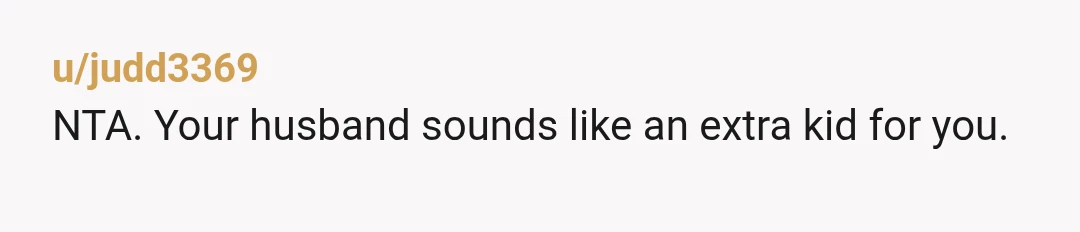 u/BigRedJeeper
NTA - you definitely have a husband problem. Just sayin.
He’s complaining about you to a female coworker-so not cool.
How do you think affairs start?
Edit: spelling
