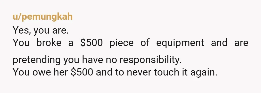 u/pemungkah
Yes, you are.
You broke a $500 piece of equipment and are pretending you have no responsibility.
You owe her $500 and to never touch it again.