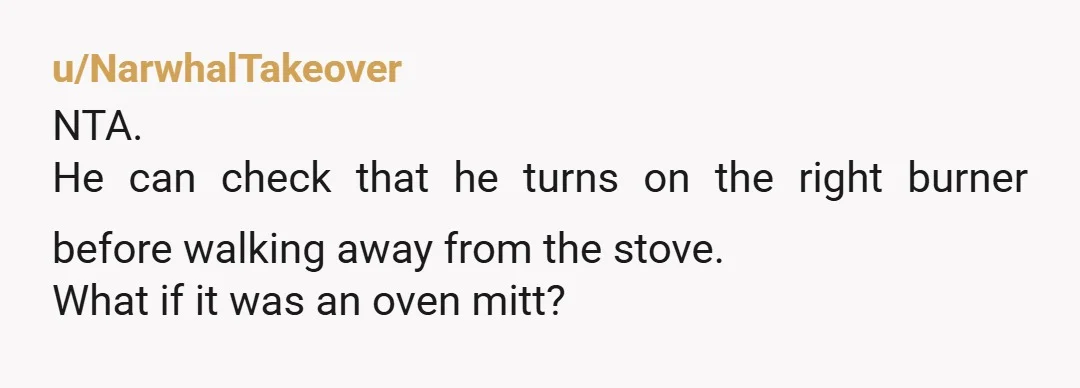 u/NarwhalTakeover NTA. He can check that he turns on the right burner before walking away from the stove. What if it was an oven mitt?