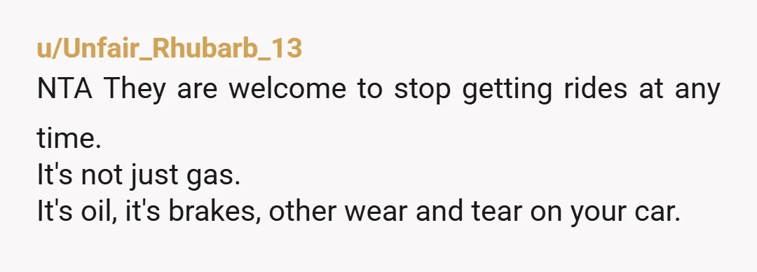 u/Unfair_Rhubarb_13 NTA They are welcome to stop getting rides at any time. It's not just gas. It's oil, it's brakes, other wear and tear on your car.