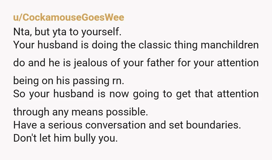 u/CockamouseGoesWee Nta, but yta to yourself. Your husband is doing the classic thing manchildren do and he is jealous of your father for your attention being on his passing rn....