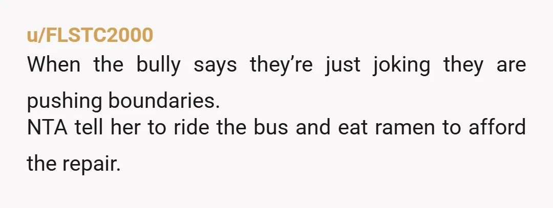u/FLSTC2000
When the bully says they’re just joking they are pushing boundaries.
NTA tell her to ride the bus and eat ramen to afford the repair.