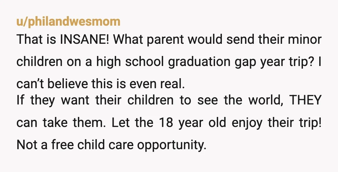 u/PinkPaintedSky NTJ. Oh no! Your aunt will have to parent her kids over the summer! Poor baby. This is an adult trip. Not a kids summer vacation. She is just...