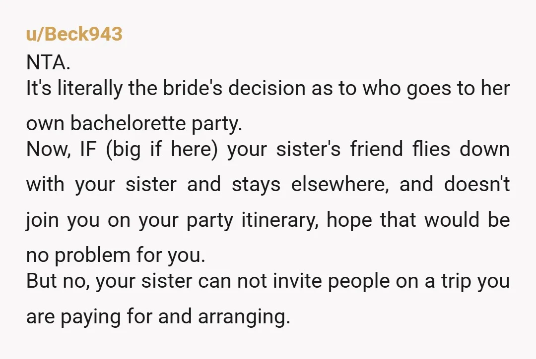 u/Beck943 NTA. It's literally the bride's decision as to who goes to her own bachelorette party. Now, IF (big if here) your sister's friend flies down with your sister and...
