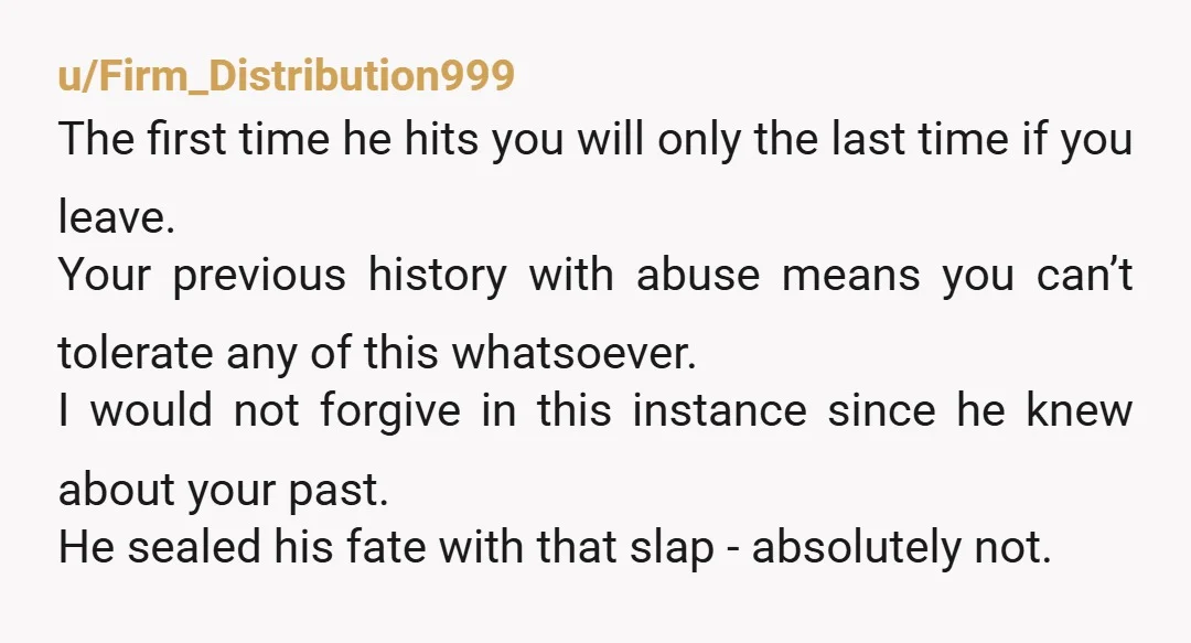u/Firm_Distribution999 The first time he hits you will only the last time if you leave.  Your previous history with abuse means you can’t tolerate any of this whatsoever.  I would...