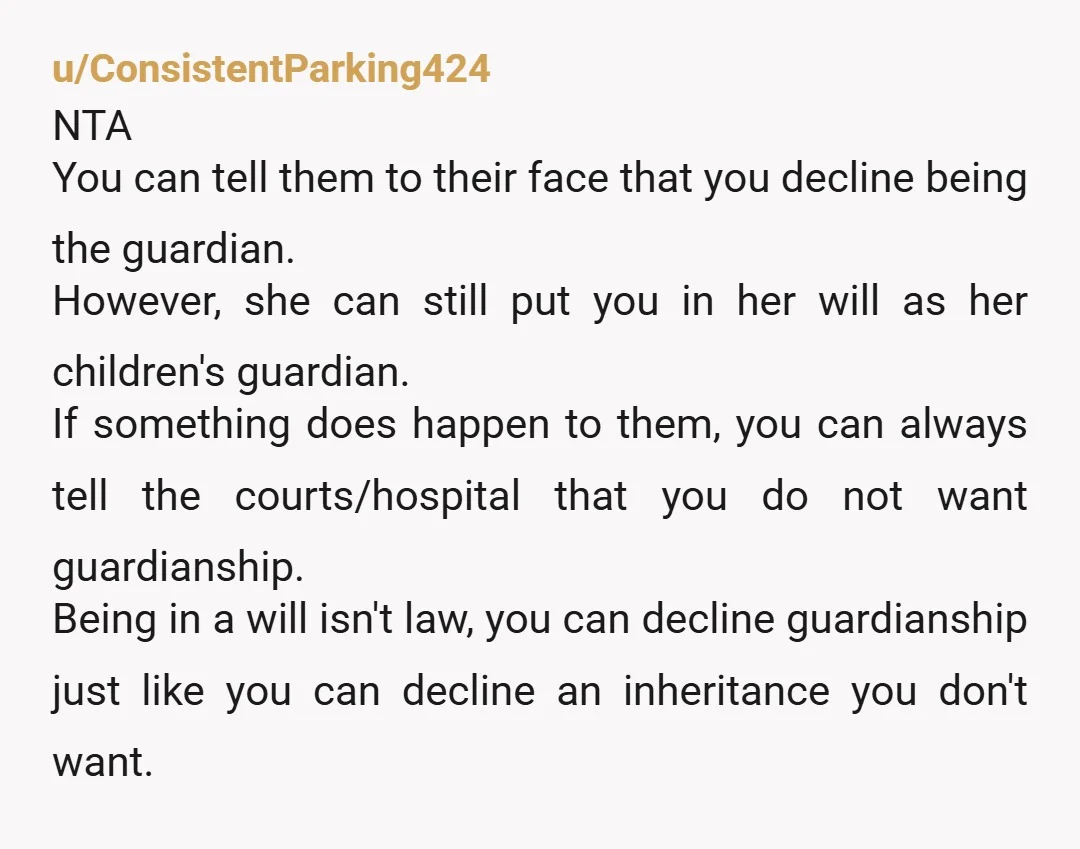 u/Acceptable_Tea3608 "Theybreally dont have any other viable options" Yeah they do. Its just not related to immediate family. Im sure you or BIL might have cousins. They could arrange with...
