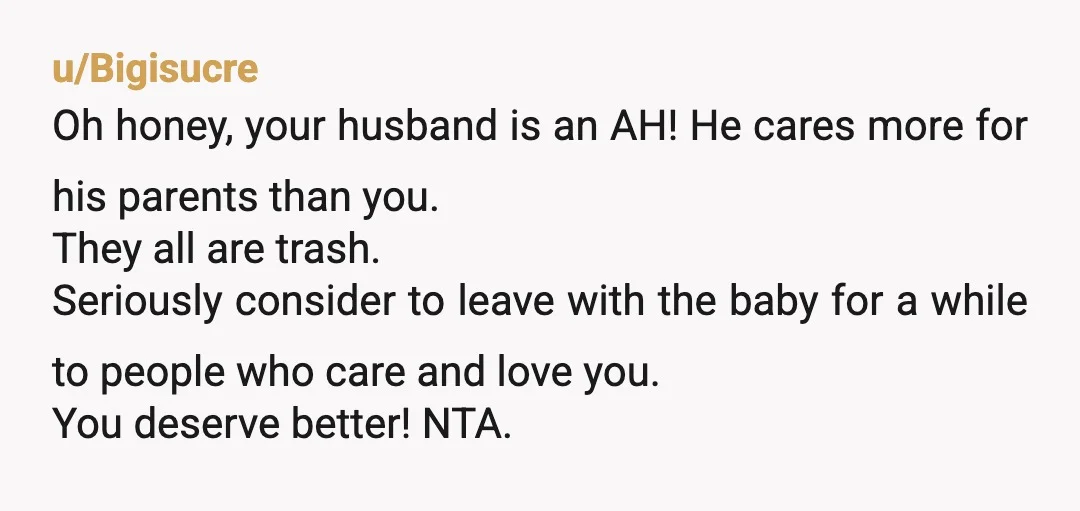 u/My_Name_Is_Amos Holy cow!!! Stop being nice, tell your in-laws that under no circumstances are they to come over. Tell your husband that you will be filing for divorce. Do you...