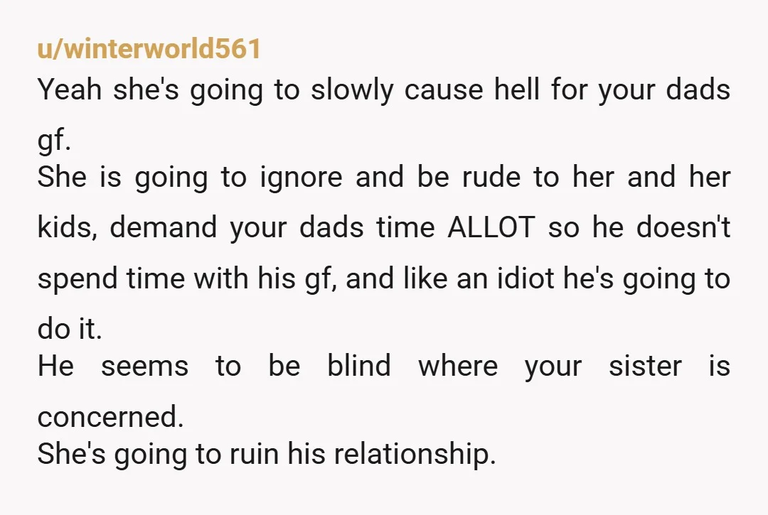 u/Nice-Pomegranate2915 You're NTA . But this situation now is really up to your father to make a stand against your sister sabotaging his relationship with his girlfriend . If he...