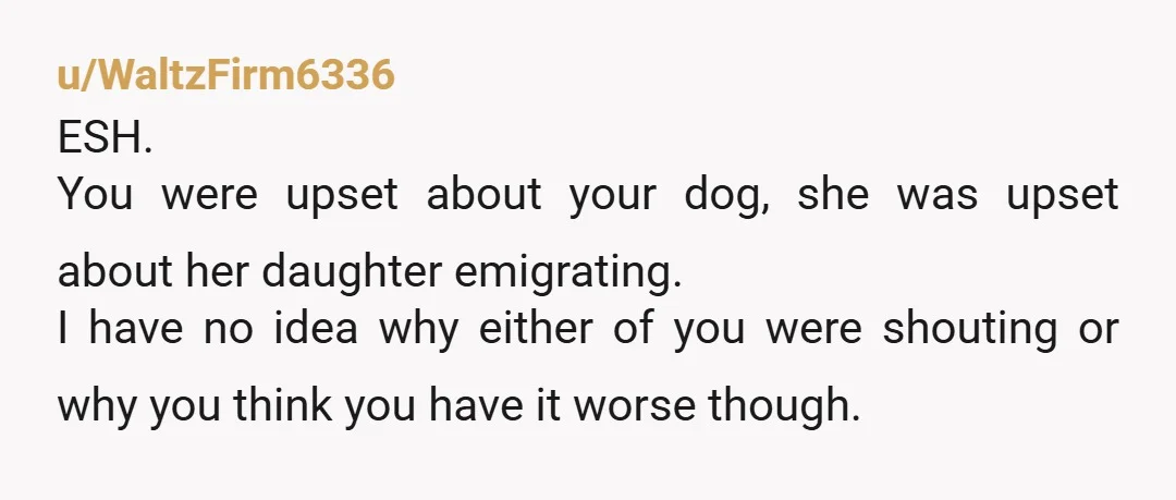 u/Only-Breadfruit-6108 Yep, YTA. You lost your dog, and your cool, but you stayed to comfort your mother instead of letting her spend time with her daughter who was leaving. Grief...