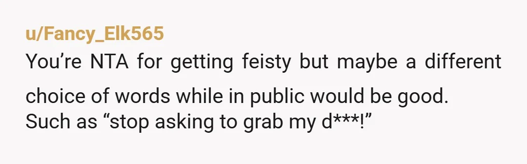 u/Fancy_Elk565
You’re NTA for getting feisty but maybe a different choice of words while in public would be good.
Such as “stop asking to grab my d***!” 