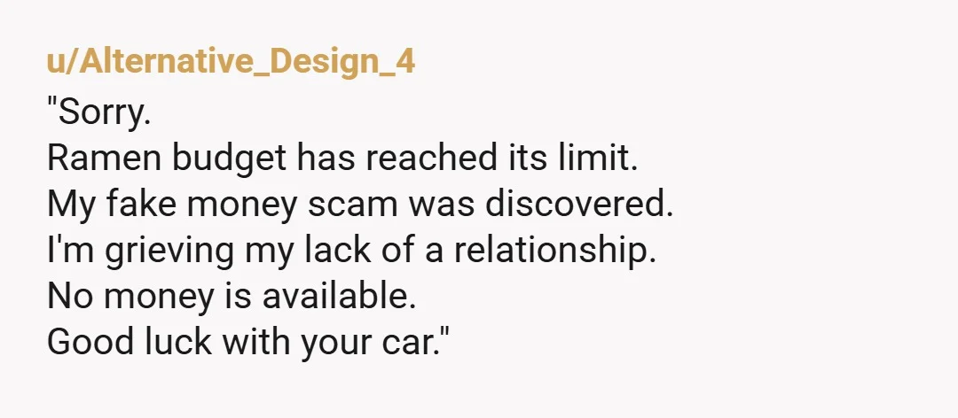 u/Alternative_Design_4
"Sorry.
Ramen budget has reached its limit.
My fake money scam was discovered.
I'm grieving my lack of a relationship.
No money is available.
Good luck with your car."