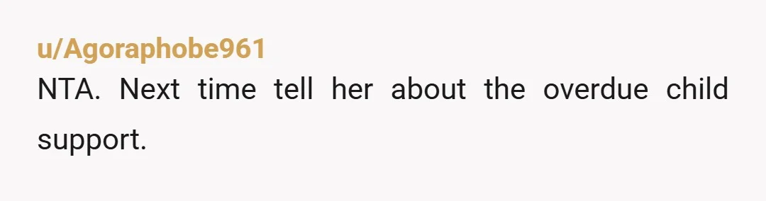 u/Agoraphobe961
NTA. Next time tell her about the overdue child support.