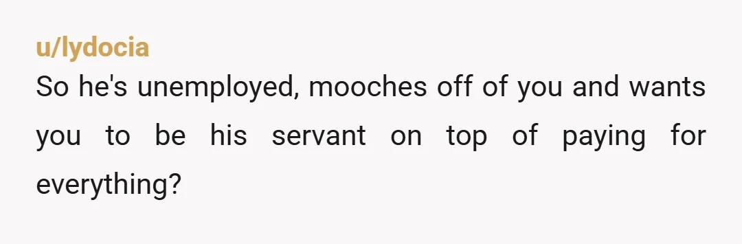 u/lydocia
So he's unemployed, mooches off of you and wants you to be his servant on top of paying for everything?