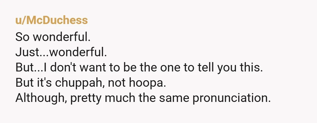 u/McDuchess
So wonderful.
Just...wonderful.
But...I don't want to be the one to tell you this.
But it's chuppah, not hoopa.
Although, pretty much the same pronunciation.