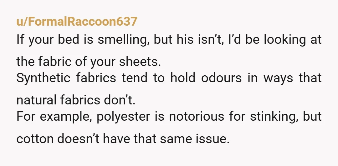 u/FormalRaccoon637 If your bed is smelling, but his isn’t, I’d be looking at the fabric of your sheets. Synthetic fabrics tend to hold odours in ways that natural fabrics don’t....