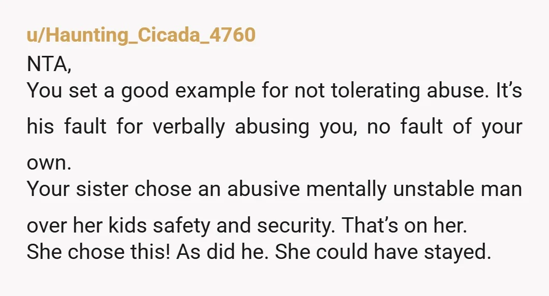 u/Haunting_Cicada_4760 NTA, You set a good example for not tolerating abuse. It’s his fault for verbally abusing you, no fault of your own. Your sister chose an abusive mentally unstable...