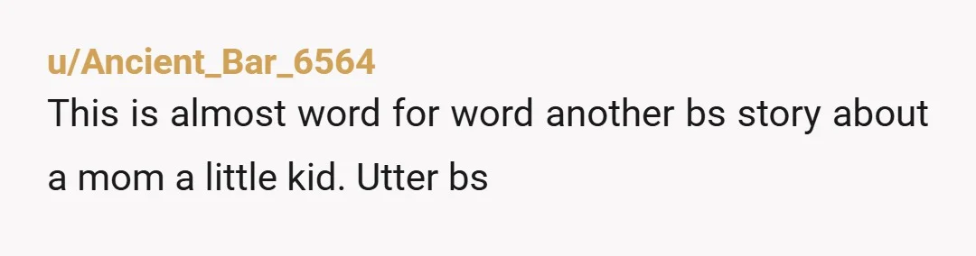 u/Ancient_Bar_6564
This is almost word for word another bs story about a mom a little kid. Utter bs