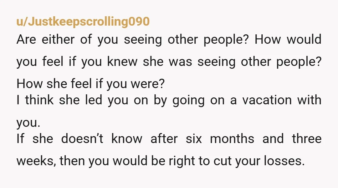 u/Expert-Weekend-317 I feel like people know within 3 months max if they want to be exclusive. Is she perhaps keeping options open or seeing someone else? At 6 months I...