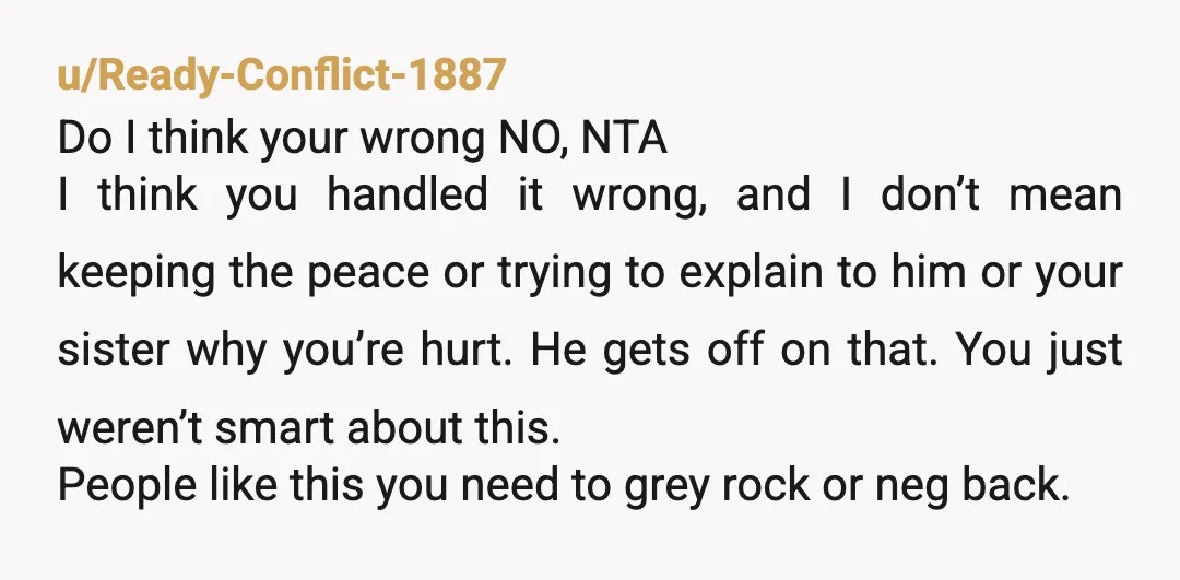 u/Ready-Conflict-1887 Do I think your wrong NO, NTA I think you handled it wrong, and I don’t mean keeping the peace or trying to explain to him or your sister...