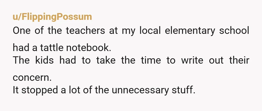 u/Not_a_Bot2800
The reason I love this idea is that you explained the difference between REPORTING and TATTLING first.
Absolutely NTA!!