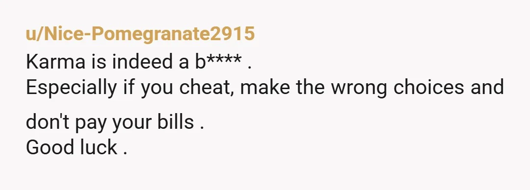 u/Nice-Pomegranate2915
Karma is indeed a b**** .
Especially if you cheat, make the wrong choices and don't pay your bills .
Good luck .