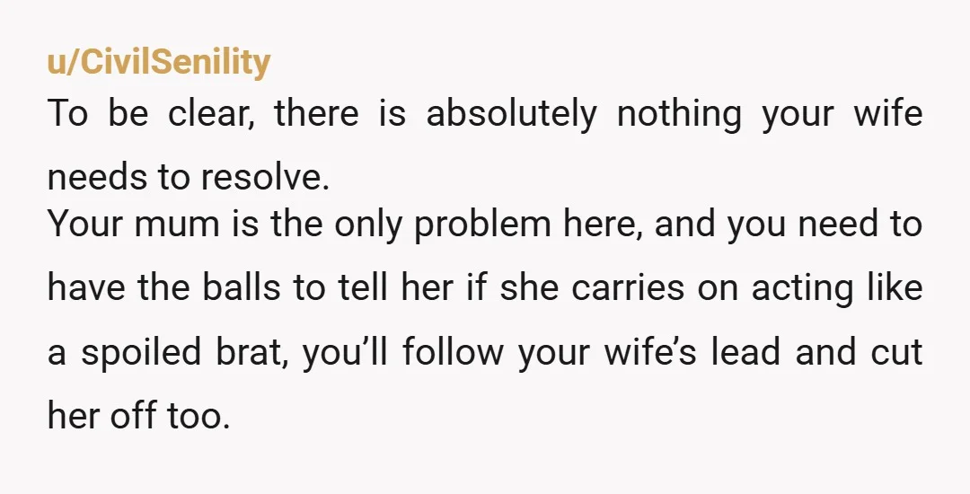 u/TheSpeckledSir The conflict is resolved. Your wife doesn't need to have a relationship with your mom. At this point, its on you to communicate to your mom that she is...