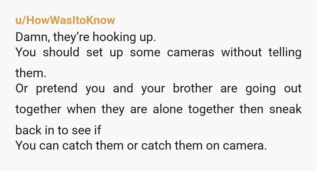 u/HowWasItoKnow Damn, they’re hooking up. You should set up some cameras without telling them. Or pretend you and your brother are going out together when they are alone together then...