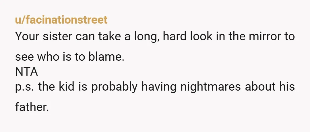 u/facinationstreet
Your sister can take a long, hard look in the mirror to see who is to blame.
NTA
p.s. the kid is probably having nightmares about his father.