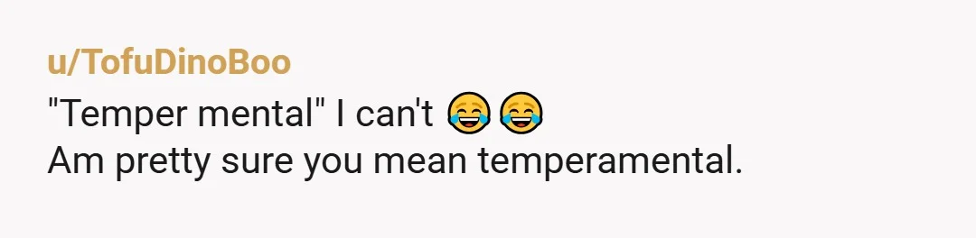 u/TofuDinoBoo
"Temper mental" I can't 😂😂
Am pretty sure you mean temperamental.