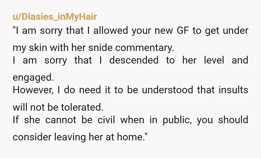 u/Kutleki
NTA She needs to apologize for basically starting drama.
Chances are your ex isn't over you and his new gf is insecure as hell.