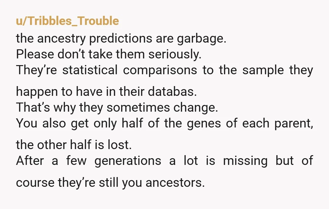 u/Tribbles_Trouble the ancestry predictions are garbage. Please don’t take them seriously. They’re statistical comparisons to the sample they happen to have in their databas. That’s why they sometimes change. You...