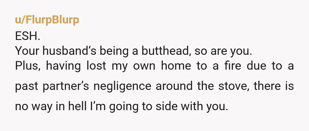 u/FlurpBlurp ESH. Your husband‘s being a butthead, so are you. Plus, having lost my own home to a fire due to a past partner’s negligence around the stove, there is...